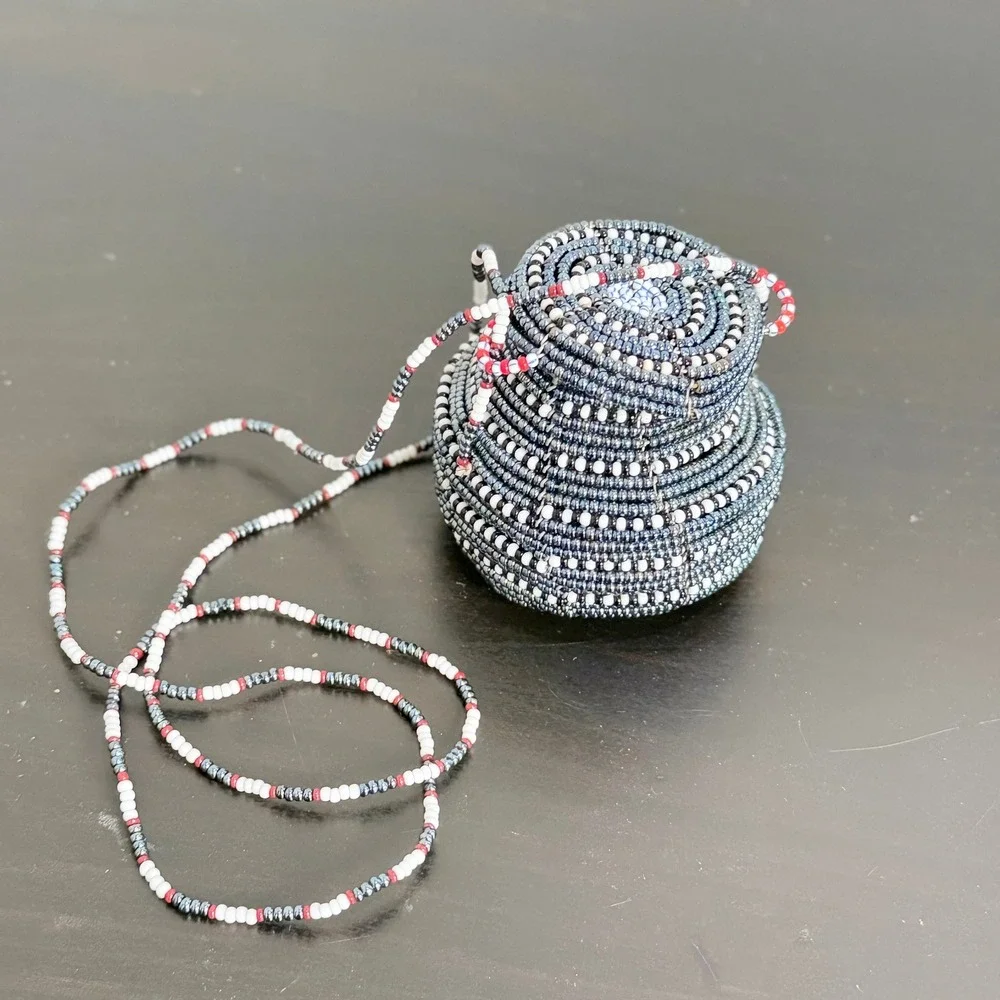 Handmade Beaded Miniature Basket Bag Coiled Wire Seed Bead Trinket Pot